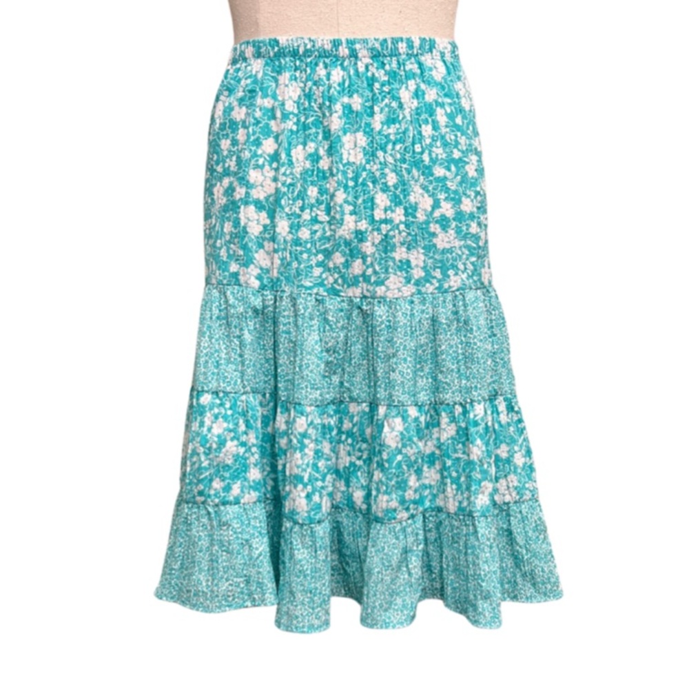 Susan Graver flare tiered patchwork floral midi skirt turquoise and white XXS